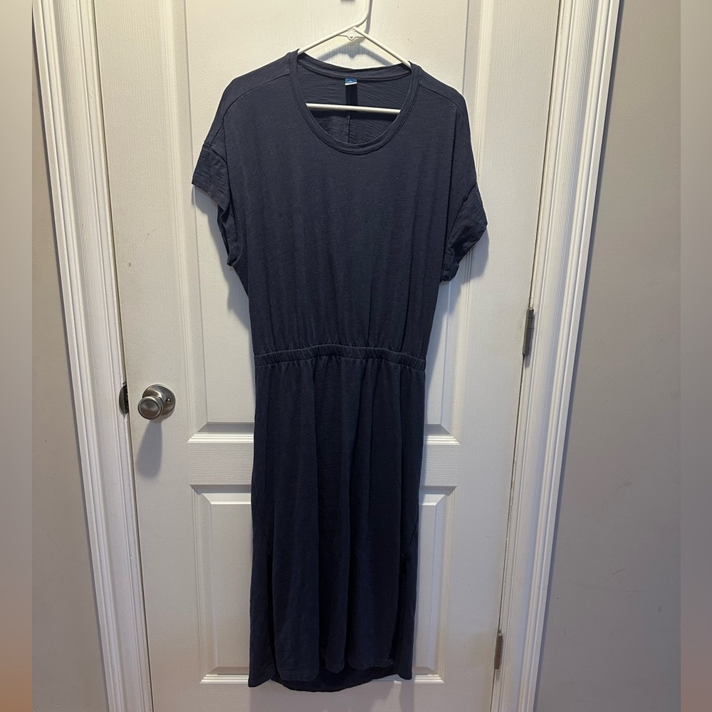 Waist-Defined Short-Sleeve Cutout-Back Slub-Knit Midi Dress - Volcanic Glass-PXL